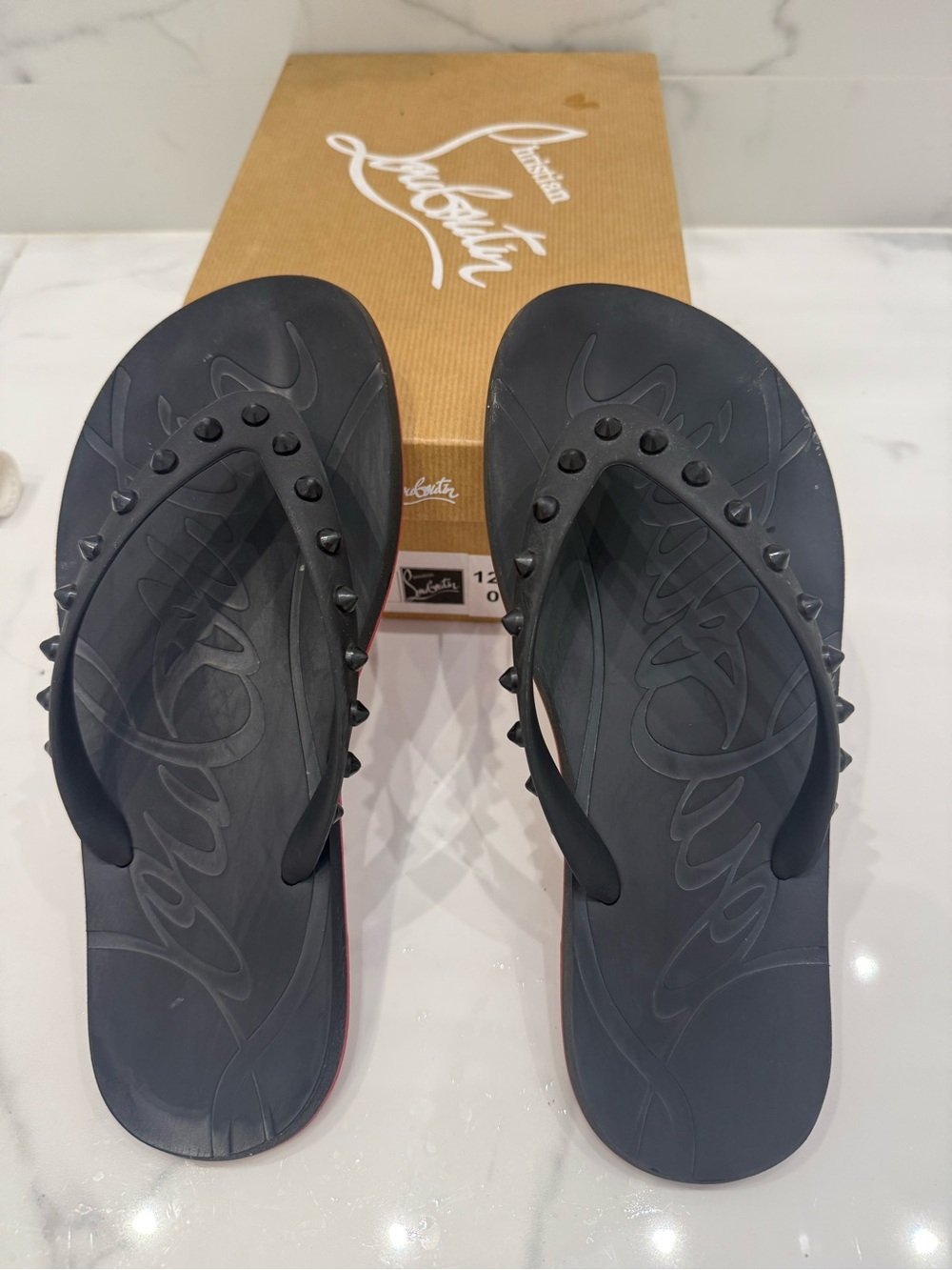 Christian Louboutin Black Flip Flops with Red Sole Trim and Studded Straps - Picture 3 of 8